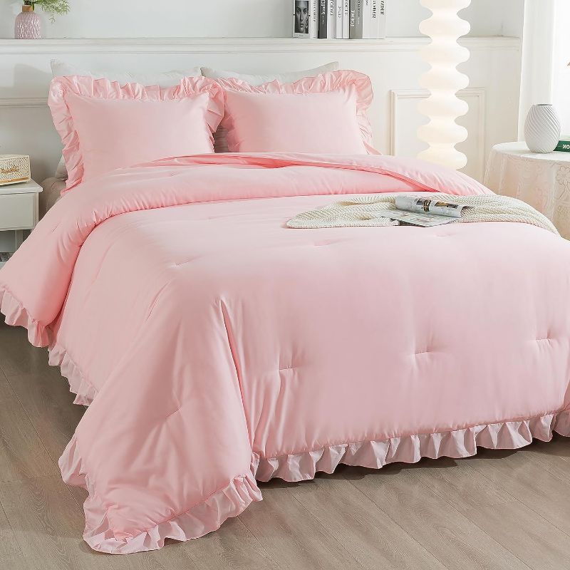 Photo 1 of Andency Pink Ruffle Comforter Set Twin, 2 Pieces Kids Comforter Set Twin(66x90Inch), Lightweight Soft Girls Shabby Chic Bedding Comforter Set All Season Bed Set Pink Twin