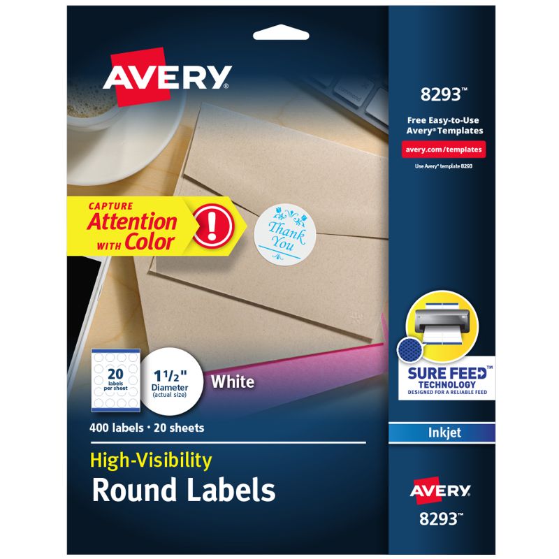 Photo 1 of Avery Vibrant Color-Printing Round Address Labels 1 1/2 Dia White 400/Pack 8293