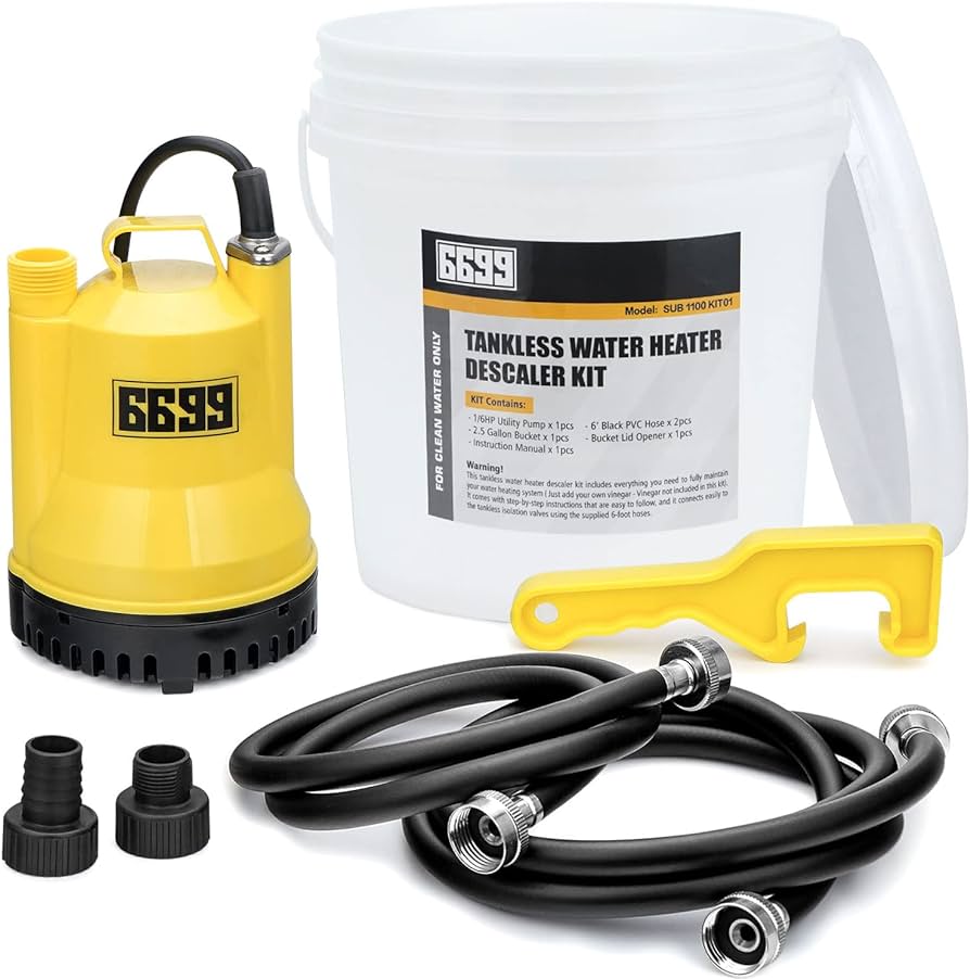 Photo 1 of 6699 Tankless Water Heater Descaling Flush Kit Includes Submersible Utility Pump with Adapters 3 Gallons Pail with Bucket Lid Opener and Two 3/4" GHT X 6FT PVC Black Hoses Easy Installation to Clean