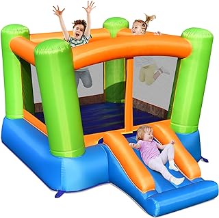 Photo 1 of JIMUOO Inflatable Bounce House, Kids Bounce Castle Outside, Jumping Castle Bouncer w/Slide, Large Jumping Area, 2-in-1 Bouncy House for Toddler, Kids Bouncy Castle for Party Indoor Outdoor