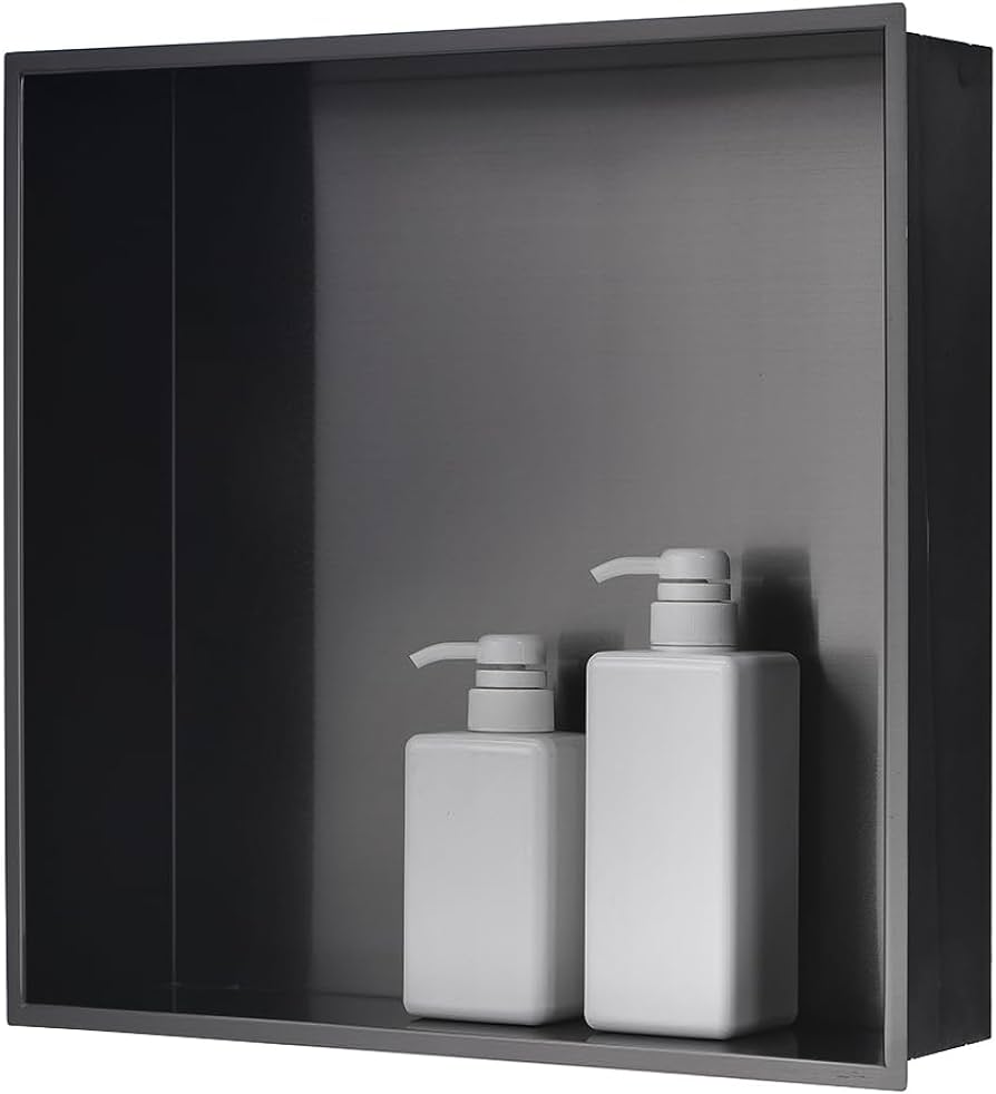Photo 1 of 16 x16 Black Stainless Steel Bathroom Shower Niche, Luckyhorse 16"x16"x4" Wall-Inserted Rectangular Recessed Bathroom Niche Recessed Shower Niche Shelf for Bathroom Storage