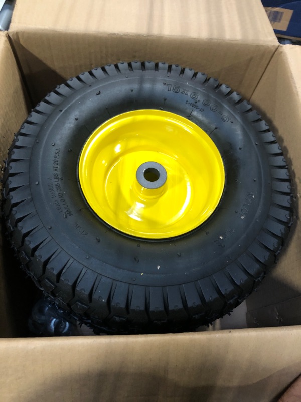 Photo 2 of (2 Pack) AR-PRO Exact Replacement 15" x 6.00 - 6" Front Tire and Wheel Assemblies for John Deere Riding Mowers - Compatible with John Deere 100 and D100 Series - 3” Hub Offset and 3/4” Bushings 15" x 6.00-6" Yellow