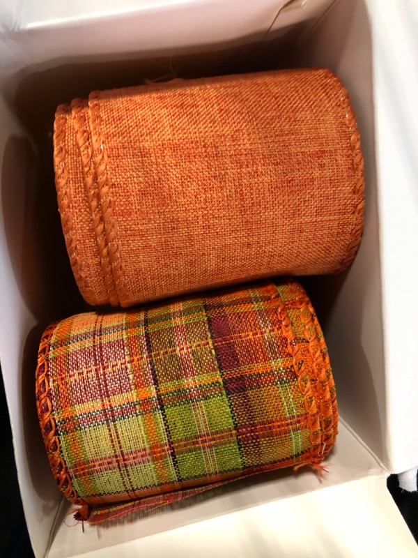 Photo 2 of 4 Rolls Fall Plaid Burlap Ribbon Thanksgiving Wired Edge Ribbon Wrapping Burlap Ribbon with Harvest Theme for Present Wrapping Fall Thanksgiving Home Decoration (2.48" Wide)