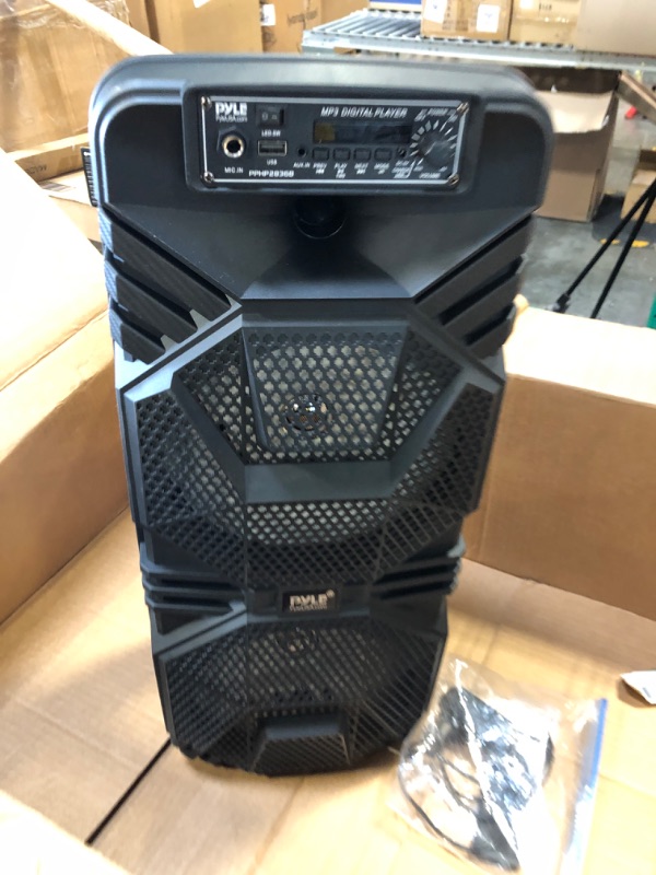 Photo 2 of Pyle Bluetooth PA Speaker System - 600W Rechargeable Outdoor Bluetooth Speaker Portable PA System w/ Dual 8” Subwoofer 1” Tweeter, Microphone In, Party Lights, USB, Radio, Remote - Pyle PPHP2836B Speaker System Speaker System