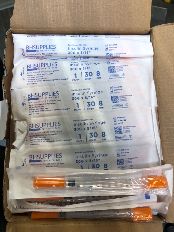 Photo 2 of BH Supplies Insulin Syringes U-100 30G 1ml/cc 5/16" (8mm) Pack of 100 Pcs