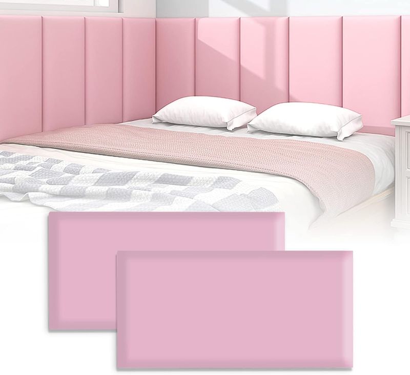 Photo 1 of 3D Anti-Collision Wall Padding for Kids, Peel and Stick Upholstered Wall Panels, Queen Headboard, Playroom Decorative Protection Panel, Pack of 2 Panels Sized 23.6” X 11.8” (Pink)