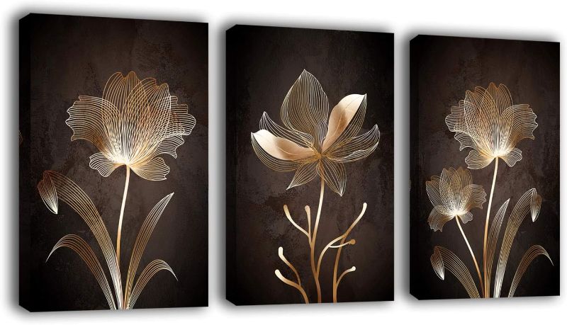 Photo 1 of arteWOODS Abstract Wall Art Golden Flowers Canvas Pictures Contemporary Minimalism Abstract Artwork for Bedroom Bathroom Living Room Wall Decor 16" x 24" x 3 Pieces