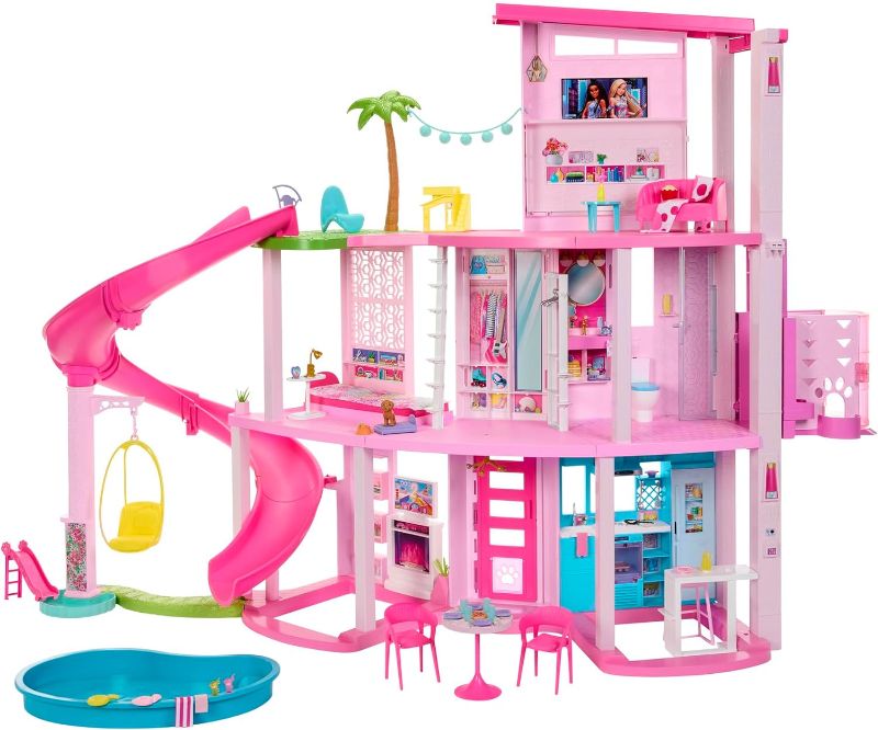 Photo 1 of Barbie Dreamhouse 2023, Pool Party Doll House with 75+ Pieces and 3-Story Slide, Barbie House Playset, Pet Elevator and Puppy Play Areas?
