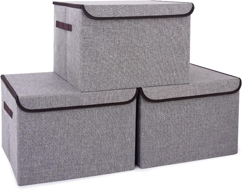 Photo 1 of Bagnizer Large 17" 42 Quarts Collapsible Stackable Storage Bins with Lids [3-Pack] Foldable Fabric Linen Storage Boxes Cube, Closet Organizer Baskets with Label for Home (16.7 x 12 x 12, Gray)
