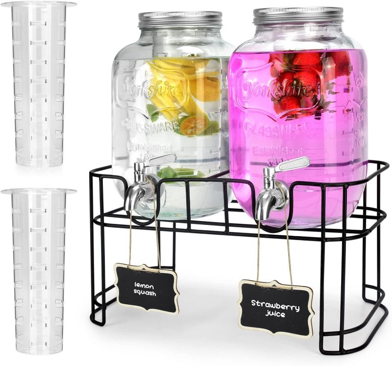 Photo 1 of 1 Gallon Glass Drink Dispensers For Parties 2PACK.Beverage Dispenser?Drink Dispenser With Stand And Stainless Steel Spigot 100% Leakproof.Glass Drink Dispenser With Ice Cylinder. Lemonade