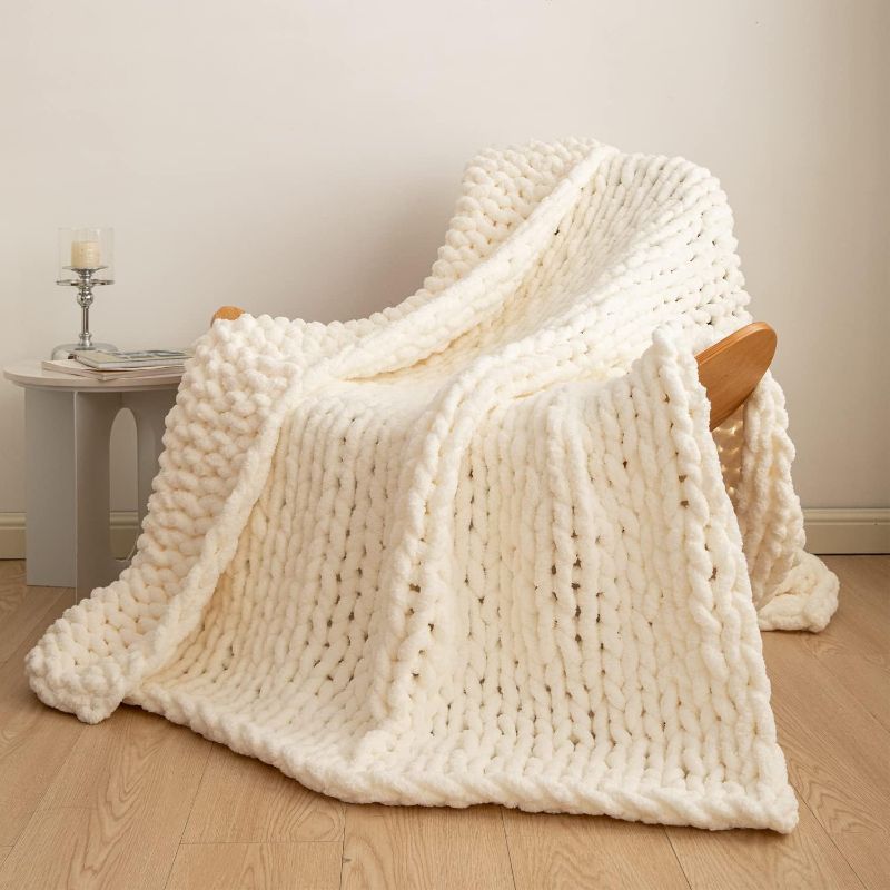 Photo 1 of  Cream Chunky Knit Blanket Throw 32x40" Luxury Chenille Yarn Knitted Blanket Cozy Soft Handmade Cable Knit Throw Blanket for Couch Bed Sofa
