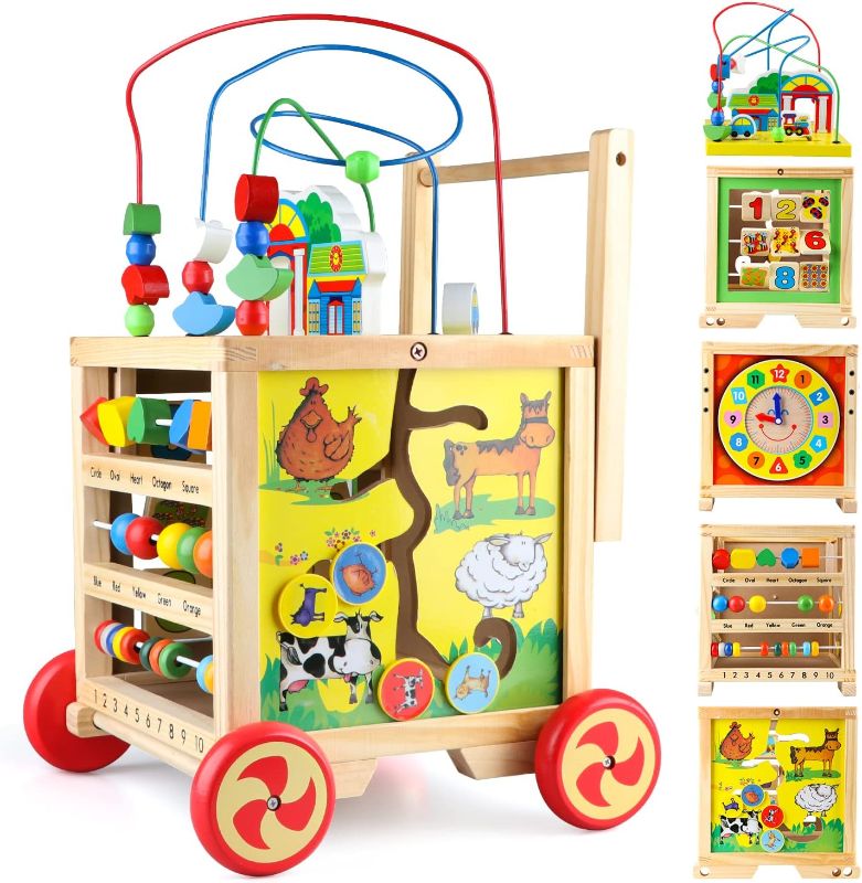 Photo 1 of Limited-time deal: FOPNETS Wooden Toys for Boys Girls Activity Cube Gift Set Developmental Montessori Learning Educational Toys for Toddlers Removable Bead Maze Shape Sorter 6 in 1 First Birthday Gifts 