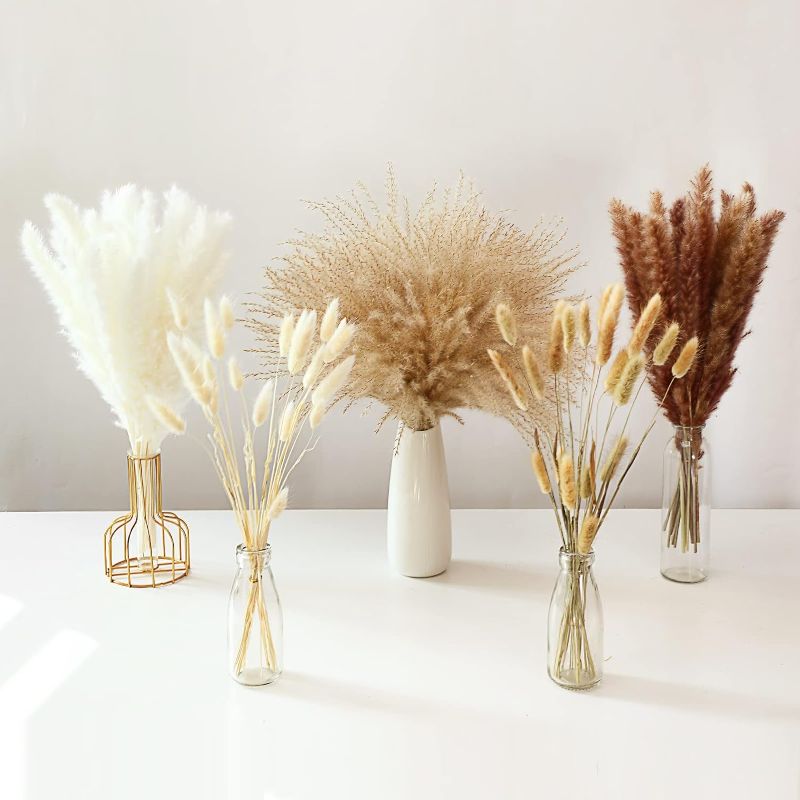 Photo 1 of 110Pcs Dried Pampas Grass Decor - ALKNOT 20Pcs White Pampas Grass, 20Pcs Brown Pompous Grass, 30Pcs Bunny Tails, 40Pcs Reed Grass, Fluffy Stem Bouquet for Boho Home Wedding Decoration?17.5 Inch?
