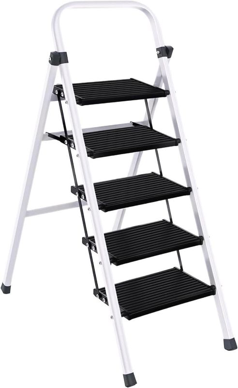 Photo 1 of 5 Step Ladder, Step Stool Folding with Handrails for Adults 5 Steps for Home Kitchen Foldable, Heavy Duty Iron Stepladder, Aluminum Anti-Slip Pedal + Alloy Steel Stand, 500 lbs Capacity, White
