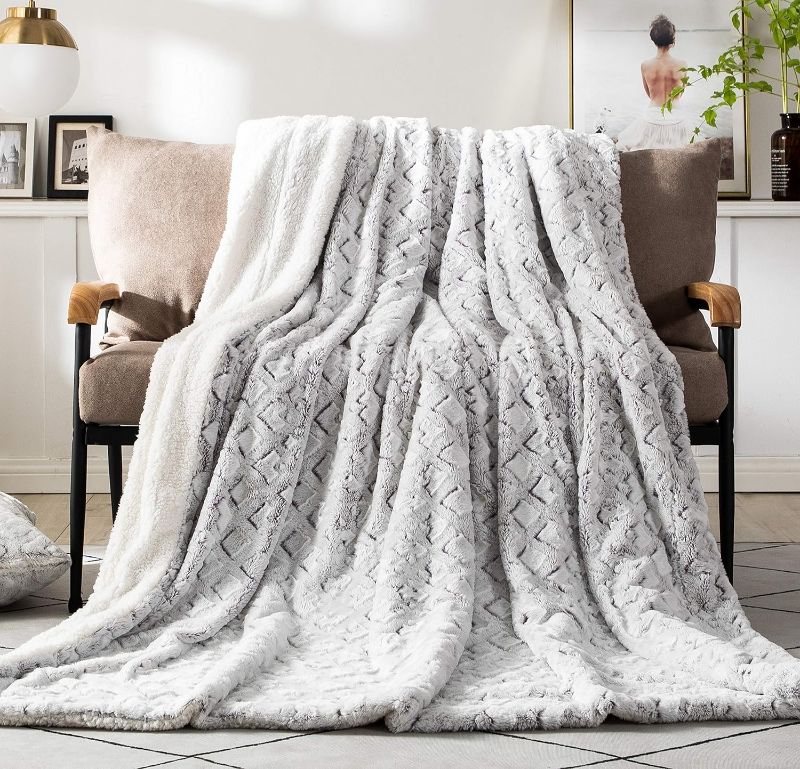 Photo 1 of  White Faux Fur Throw Blanket - Dreamy Milky Way Cloud Purple Undertone Embossed Sherpa Backside - Super Soft Warm Cozy Plush Fluffy -40x40
