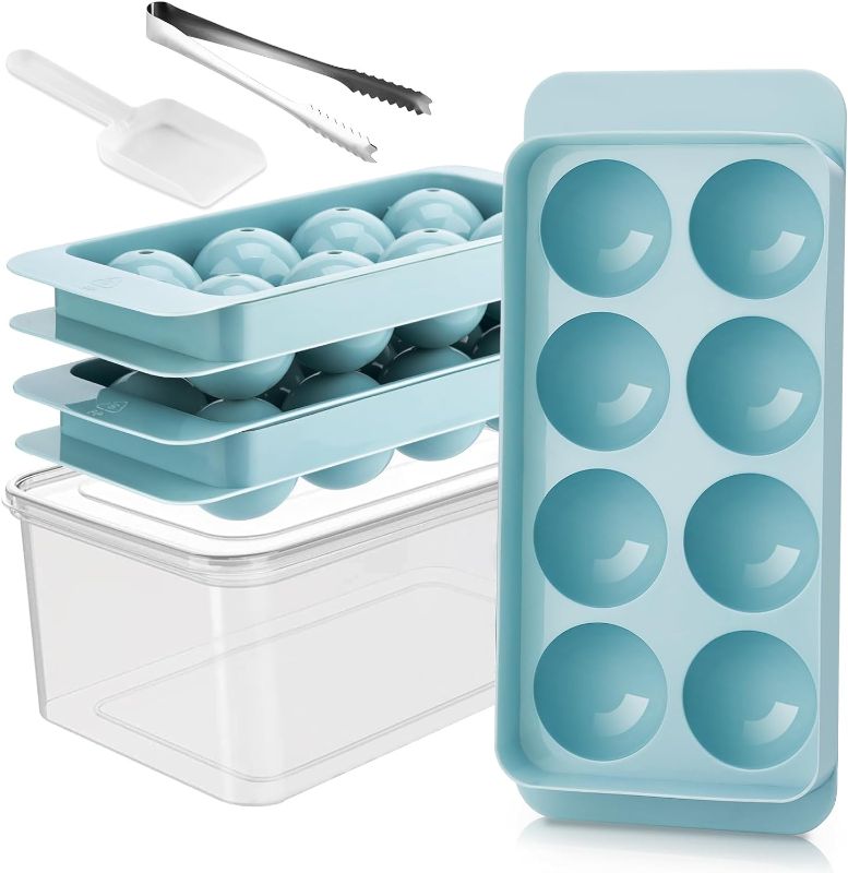 Photo 1 of  Ice Cube Tray, 2.5 INCH Whiskey Ice Mold, 2 Pack Sphere Ice Cube Mold with Bin&Tong, Leak-free Round Ice Cube Mold, Easy Fill & Release Ice Ball Maker for Whiskey Cocktails Bourbon(Blue)
