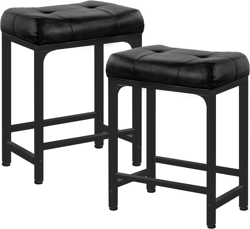 Photo 1 of Aheaplus Bar Stools Set of 2, Counter-Height Stools Saddle Stool, PU Leather Barstools with Metal Base, Footrest, Industrial Stools for Dining Room Kitchen Island, Counter, Pub, Bar, Black
