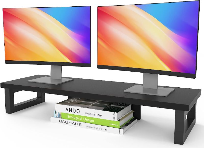 Photo 1 of Aothia Large Dual Monitor Stand Riser, Solid Wood Desk Shelf with Eco Cork Legs for Laptop Computer/TV/PC/Printers, Perfect Desktop Stands Organizer with Underneath Storage for Office Accessories
