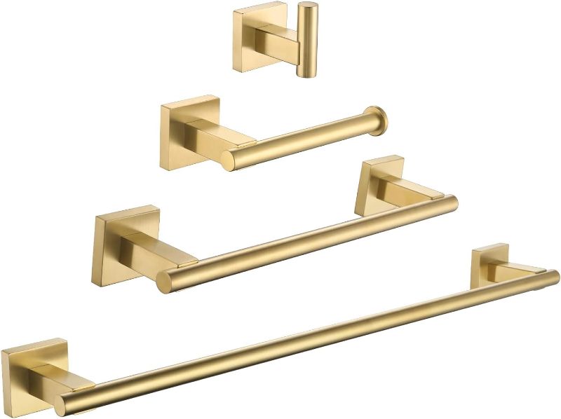 Photo 1 of Augegel Brushed Gold Bathroom Hardware Accessories Set 6 Pieces, SUS 304 Stainless Steel Rack Set Wall Mounted with 16" Towel Bar, Toilet Paper Holder, 4 Towel Hooks