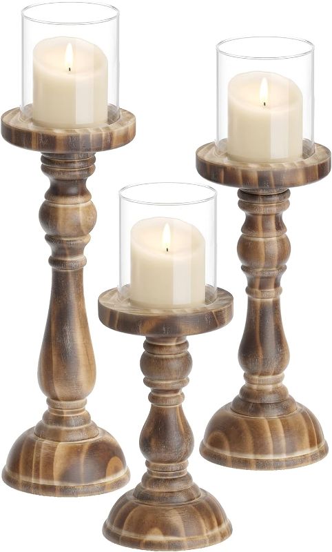 Photo 1 of Barnyard Designs Pillar Candle Holder for Pillar Candles, Tall Wooden Candlestick Holders, Farmhouse Candle Holders for Table Centerpiece, Rustic Candle Holder Set of 3, (9"/11.5"/14"), Brown