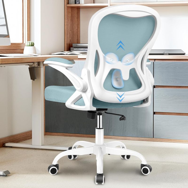 Photo 1 of Winrise Office Chair Desk Chair, Ergonomic Mesh Computer Chair Home Office Desk Chairs, Swivel Task Chair Mid Back Breathable Rolling Chair with Adjustable Lumbar Support Flip Up Armrest (Light Blue)