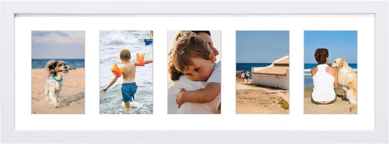 Photo 1 of 8x24 White Collage Picture Frames with 5 Openings, Display Multiple Five 4x6 Photos or 8x24 without Mat, Wood Collage Frame Covered by Plexiglass Wall Mounting Horizontal or Vertical