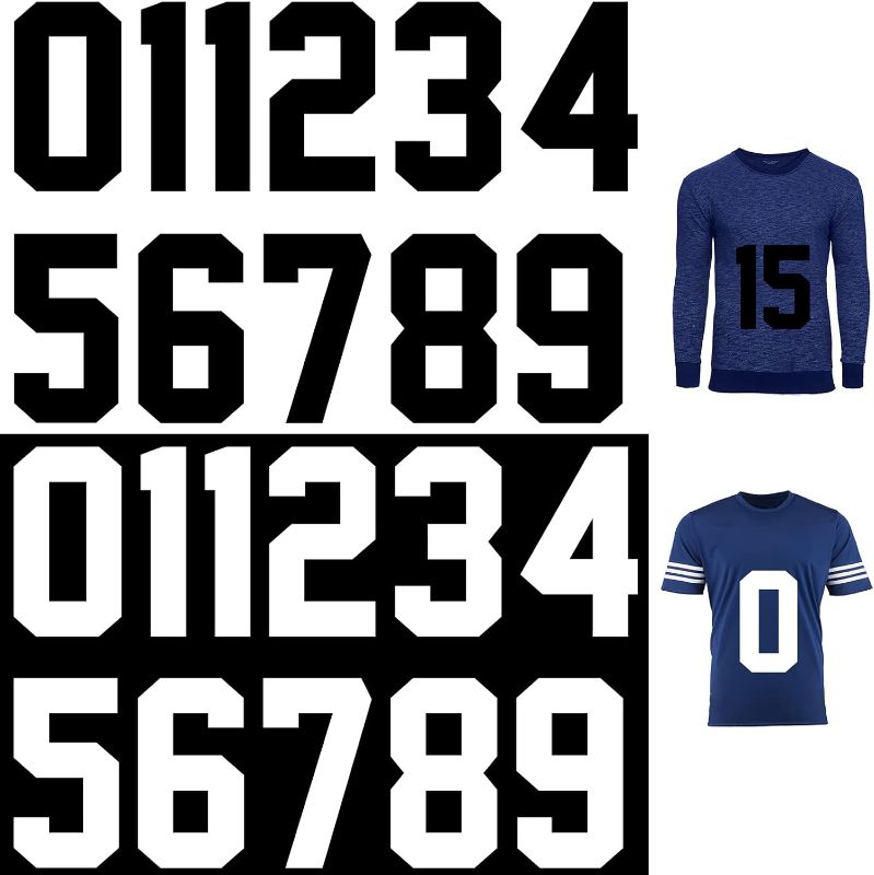 Photo 1 of 22 Pieces Iron on Numbers T Shirt Heat Transfer Numbers 0 to 9 Jersey Numbers Soft Iron on Numbers for Team Uniform Sports T Shirt Football Basketball Baseball (Black, White,8 Inch)