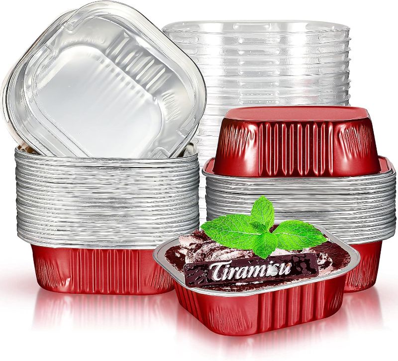 Photo 1 of 40 Sets Square Aluminum Foil Cake Pan 130 ml/ 4.4 Ounces Mini Cupcake Cup Pan with Lids Disposable Dessert Pans Flan Baking Cups for Wedding Birthday Party (Red)