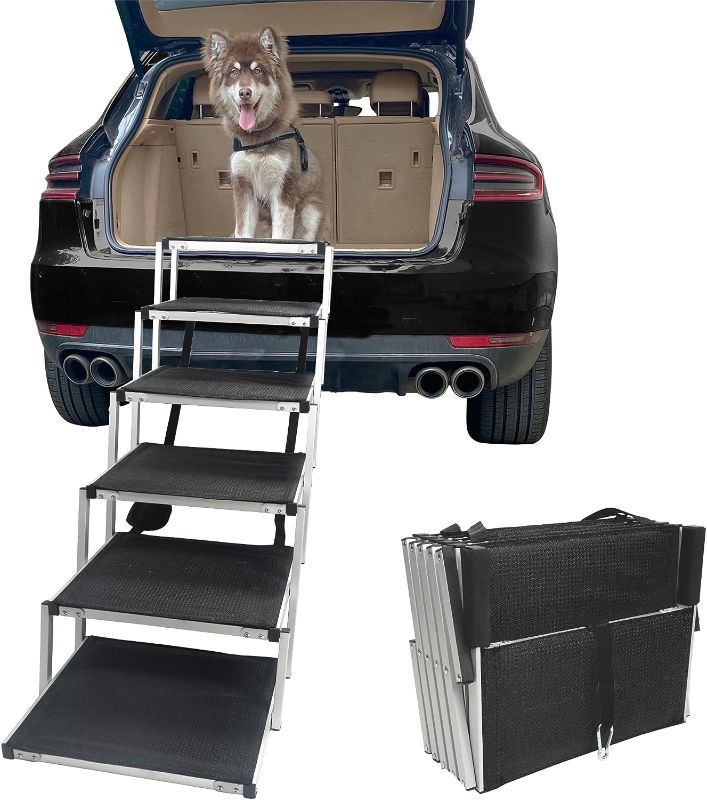 Photo 1 of  6 Steps Aluminum Sturdy Pet Dog Ramp Stairs for Small Medium Large Dogs, Folding Lightweight Ladder with Increased Nonslip Surface
