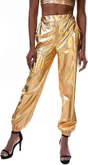 Photo 1 of SIAEAMRG Womens Shiny Metallic High Waist Stretchy Jogger Pants, Wet Look Hip Hop Club Wear Holographic Trousers Sweatpant