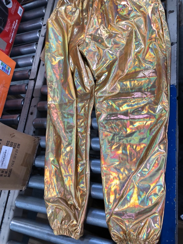 Photo 1 of SIAEAMRG Womens Shiny Metallic High Waist Stretchy Jogger Pants, Wet Look Hip Hop Club Wear Holographic Trousers Sweatpant