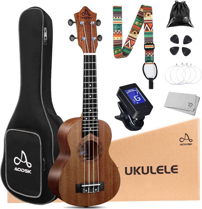 Photo 1 of AODSK Ukulele for Beginners Kit,Starter Bundle Kit with Free Gig Bag Strap,Professional Acoustic Ukelele Four String Wooden Hawaiian Uke for Kids Students Starter Kit (AUS-P08 21Inch Sapele Soprano)