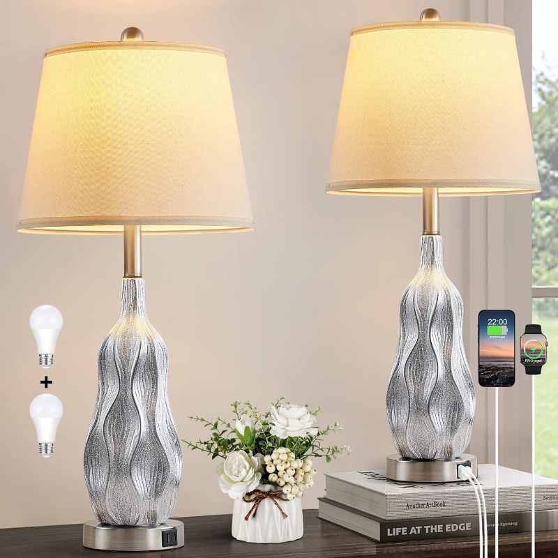 Photo 1 of 28" Ceramic Table Lamps Set of 2 with Touch Control, Modern Farmhouse Table Lamps with 2 USB Port, Tall Table Lamps for Living Room, 2 LED Bulbs Included