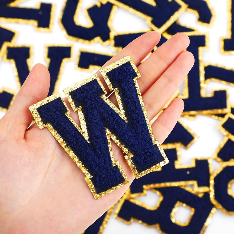 Photo 1 of 26 Piece Chenille Letter Iron on Patches Sew On Chenille Varsity A-Z Patches Alphabet Patches Letter Patches for DIY Supplies (Retro Blue Style, 2.8 Inch)