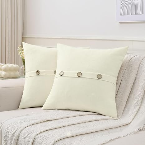 Photo 1 of Ikuoic Cream White Linen Decorative Throw Pillow Covers 14x14 Inch Set of 2, Square Cushion Case with 3 Vintage Buttons/Hidden Zipper,Modern Farmhouse Home Decor for Couch,Bed
