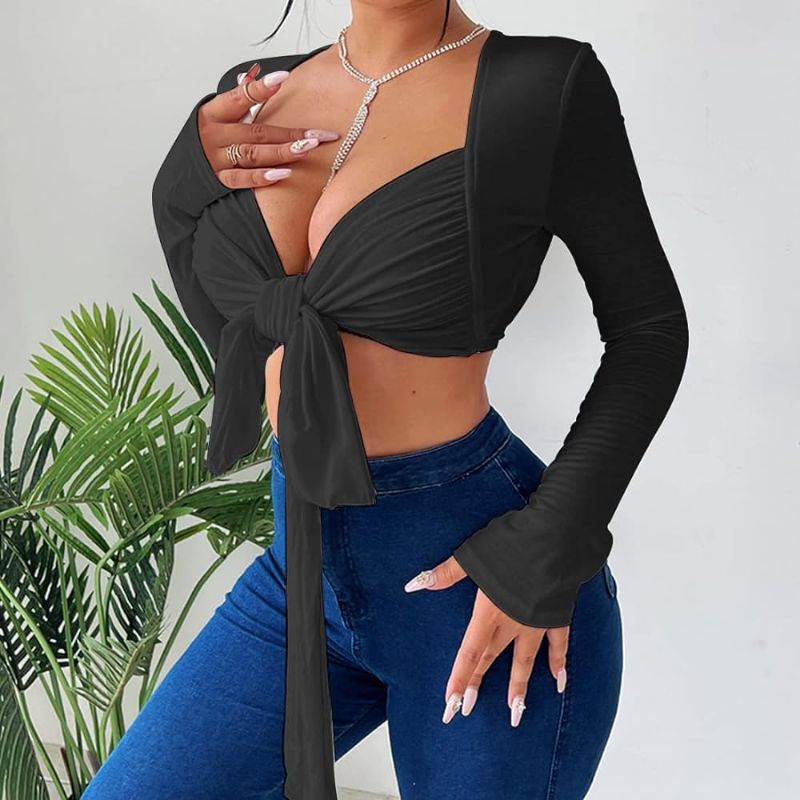 Photo 1 of Azhong Women's Sexy Long Sleeve Deep V Neck Self Tie Crop Top Ruched Basic Tight Tees Stretchy Casual T Shirt Small BLACK 