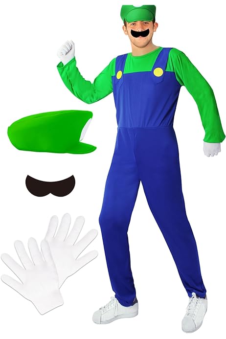 Photo 1 of Oskiner Plumber Costume for Adults Men-Halloween Cosplay Jumpsuit with Accessory GREEN SMALL