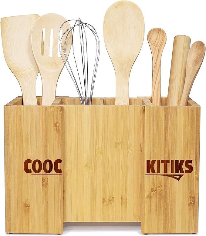 Photo 1 of COOCKITIKS Utensil crock Bamboo Utensil Holder for counter top, Expandable holder, 4 in 1 utensil holder, Expandable, Adjustable Silverware Organizer with 4 Adjustable sections