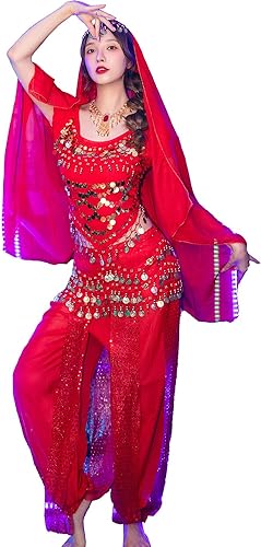 Photo 1 of BRIGHT LELE Belly Dance Costume Bollywood Arabian Dress with Head veil Lantern Coins Pants set for Women Halloween Party jsm XL