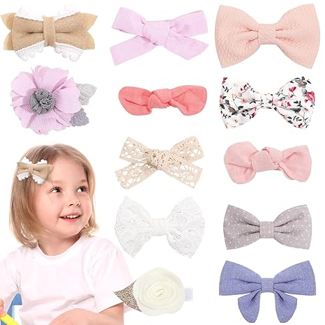 Photo 1 of Snowstar 12 PCS Girl Bows with Clips Hair Bows For Girls Hand-Sewn Beads Alligator Clips For Toddler Girls Pink Blue (Blue Pink) 