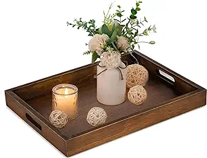Photo 1 of Hanobe Serving Tray with Handles: Rustic Decorative Wood Rectangle Trays with Cutout Handles for Coffee Table Breakfast Ottoman Living Room Kitchen Home Decor, Brown