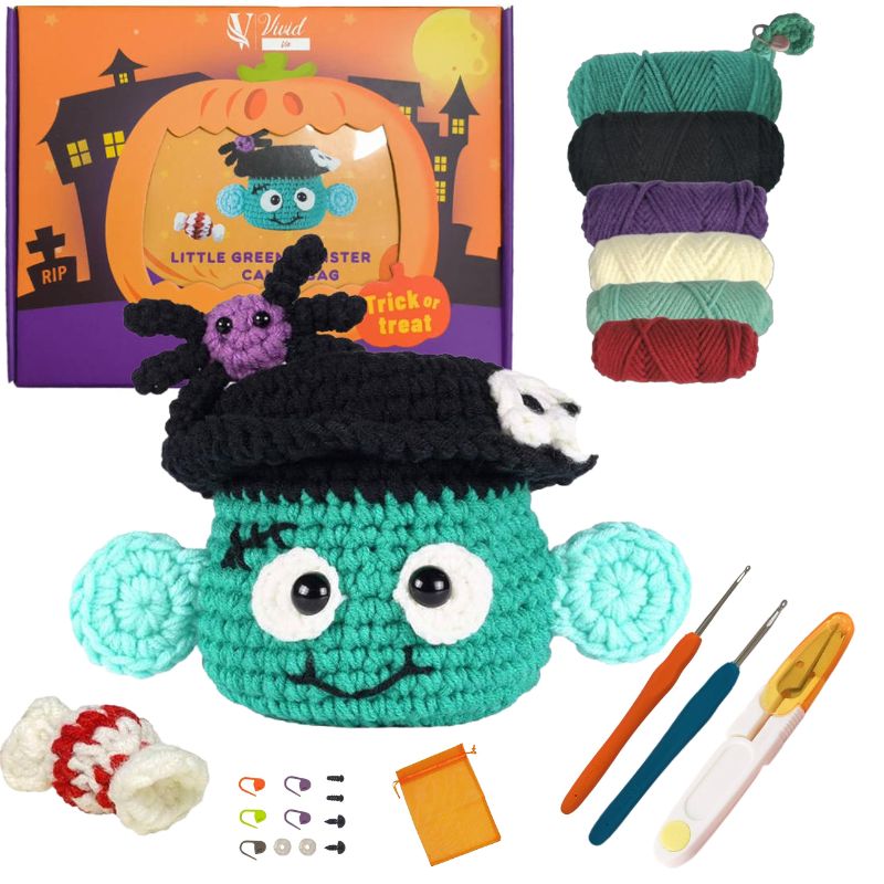Photo 1 of VividVie Crochet Kit for Beginners, Complete DIY Crochet Kit with Pre-Started Tape Yarn Step-by-Step Video Tutorials, Including Extra Hook, Scissors and Gift Bags MONSTERS