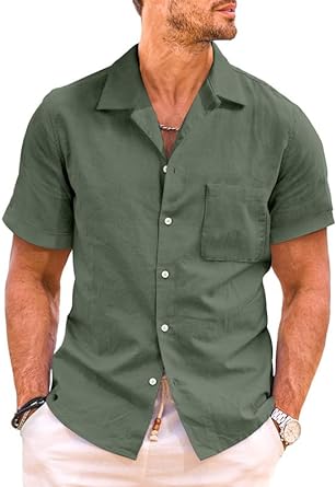 Photo 1 of JMIERR Mens Cotton Linen Guayabera Shirts Casual Button Up Short Sleeve Summer Beach Shirt SIZE XL