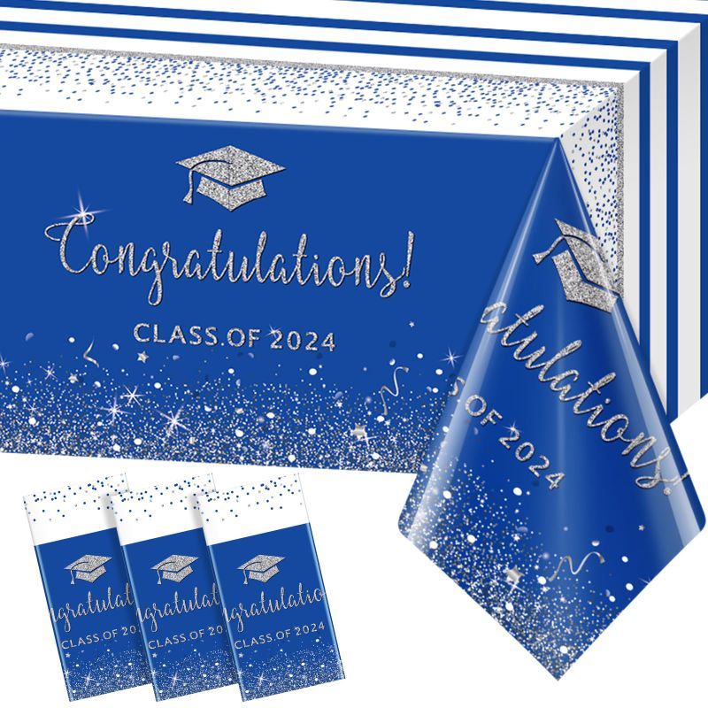 Photo 1 of MASHAN 6 Pack Class of 2024 Graduation Tablecloths,Foil Dot Plastic Disposable Rectangle Table Covers for 2024 High School University College Graduation Party Decorations,108 * 54 Inch (Blue Sliver) 