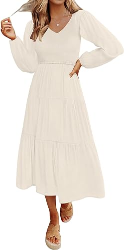 Photo 1 of MEROKEETY Women's 2024 Casual Long Sleeve Smocked Dress V Neck High Waist Ruffle Tiered Midi Dresses M