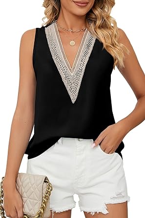 Photo 1 of BLENCOT Womens Lace Tank Tops Summer Sleeveless V Neck Dressy Tunic Shirts Solid Casual Loose Blouse L
