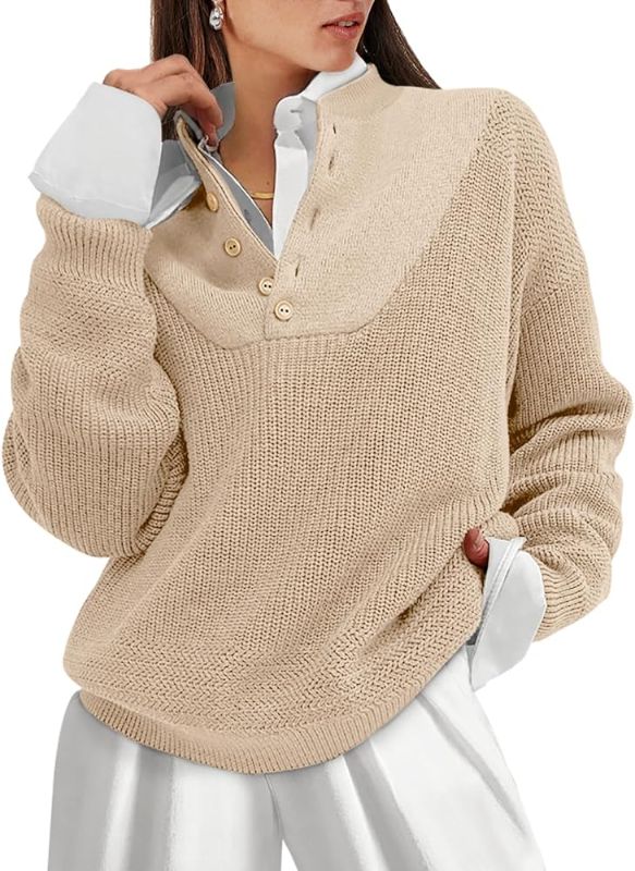 Photo 1 of ANRABESS Sweaters for Women Fall 2023 Trendy Long Sleeve Buttons Up Henley V Neck Casual Loose Oversized Chunky Knit Cozy Pullover Sweater SIZE M