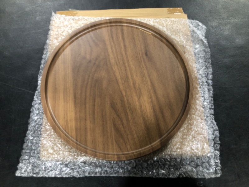View 2 of Hanobe Round Wood Decorative Tray: Walnut Wooden Coffee Table Tray 12" Centerpiece Circle Small Ottoman Serving Trays for Living Room Kitchen Counter Home Decor 11.81"