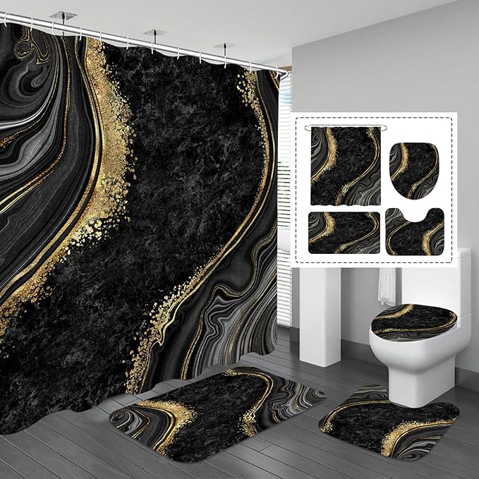 Photo 1 of Gibelle 4 Pcs Luxury Marble Shower Curtain Set with Non-Slip Rugs, Toilet Lid Cover and Bath Mat, Black Gold Bathroom Decor Set with Shower Curtain and Rugs and Accessories