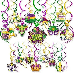 Photo 1 of HOWAF Mardi Gras Party Hanging Swirls Decorations, Mardi Gras Themed Foil Swirls for New Orleans Party Ceiling Decoration, Mardi Gras Swirls Streamer for Masquerade Party Supplies, 30pcs 